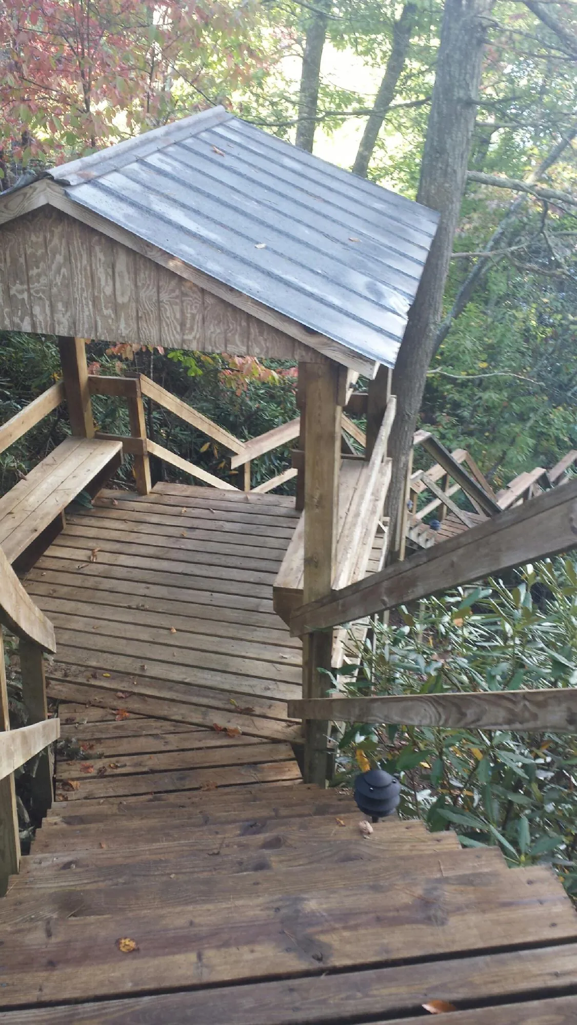 Metal roofed shelter over wooden steps on a wooded walkway — Skylight Repair & Installation work by our crew in Kenton